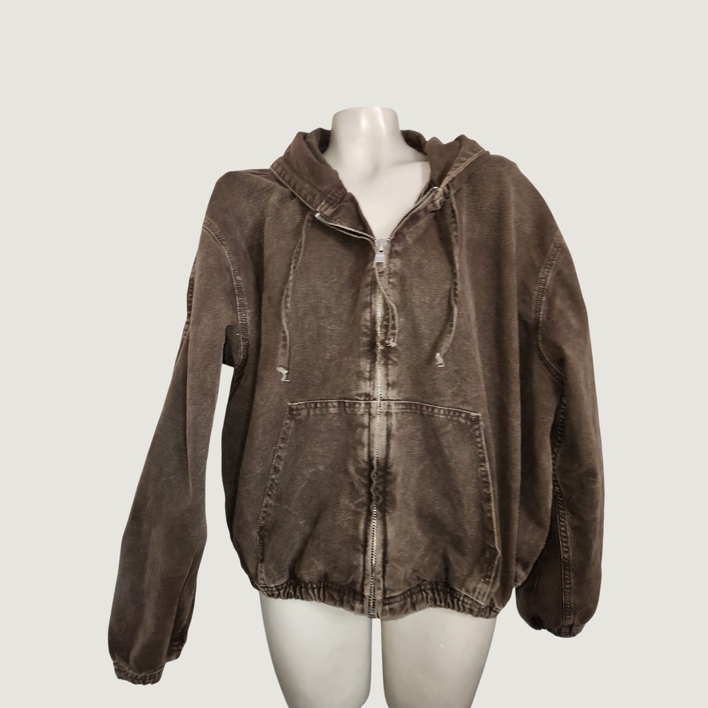 Zara Man Brown Canvas Hooded Zip Up Jacket Stone Wash Workwear L‎ 1538/421/700/L